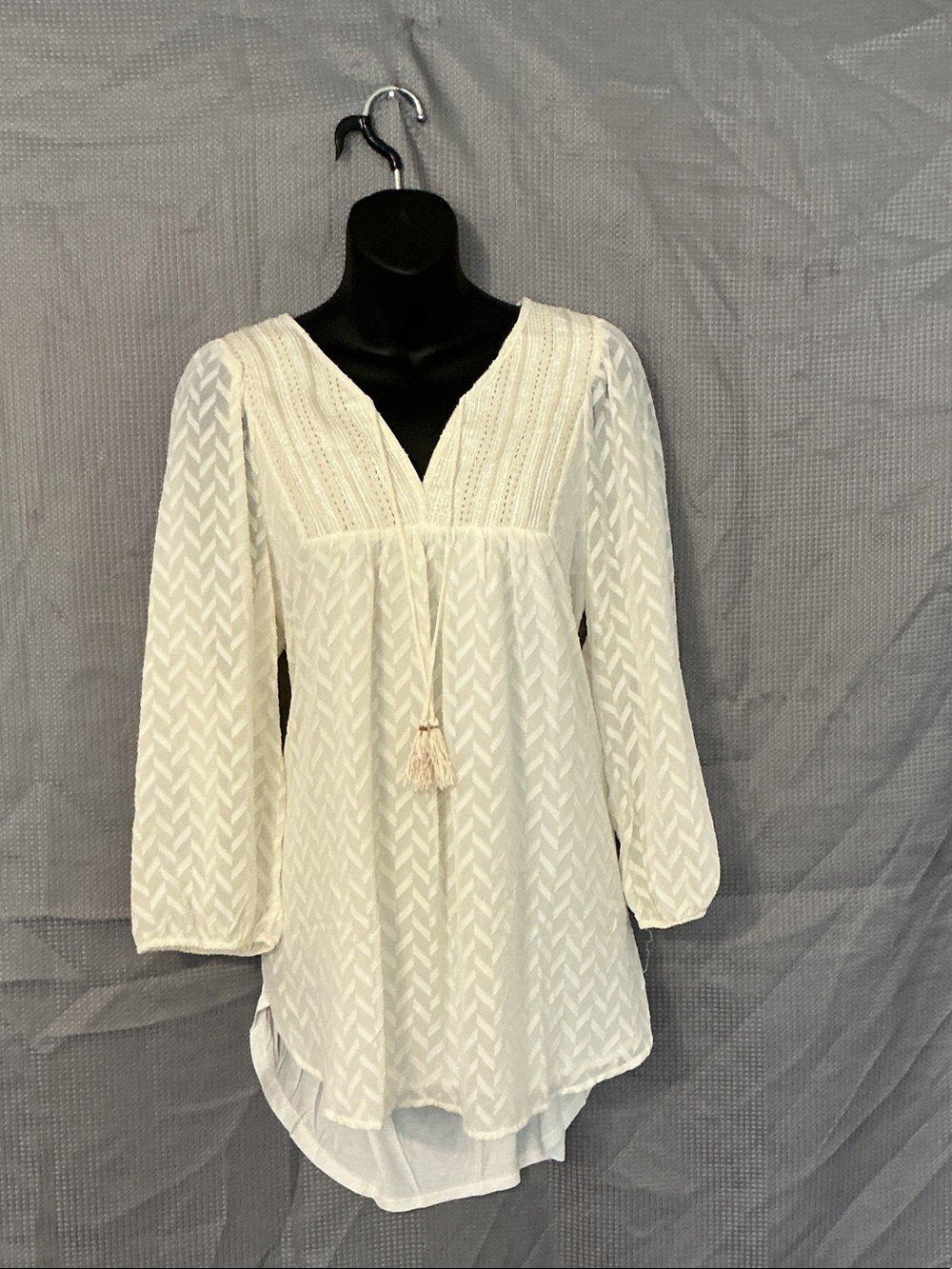 Cream Lace Yoke Peasant Tunic with Tassel Tie